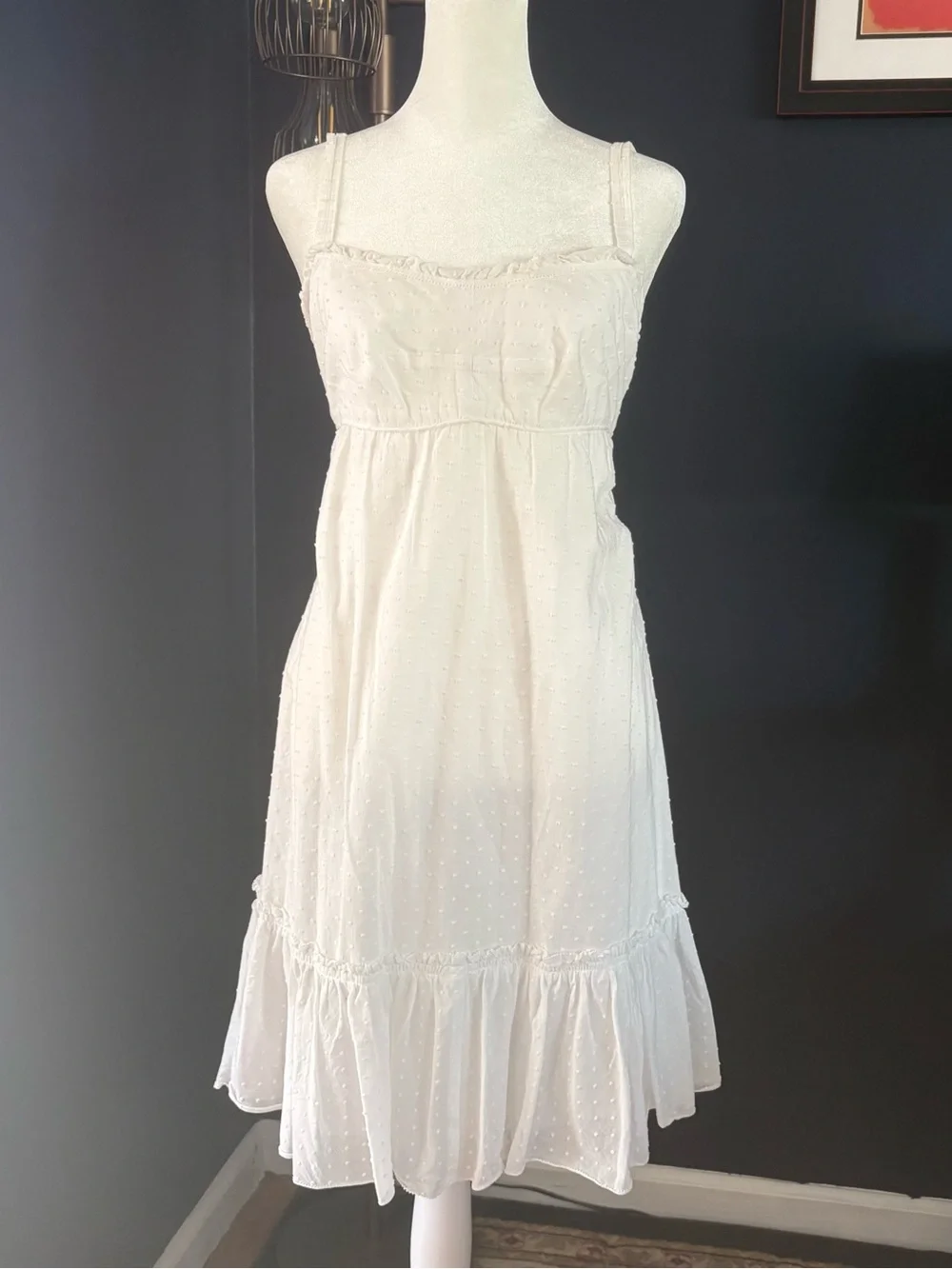 J.Crew White Swiss Dot Ruffle Hem Sundress Adjustable Button Slit Straps Medium